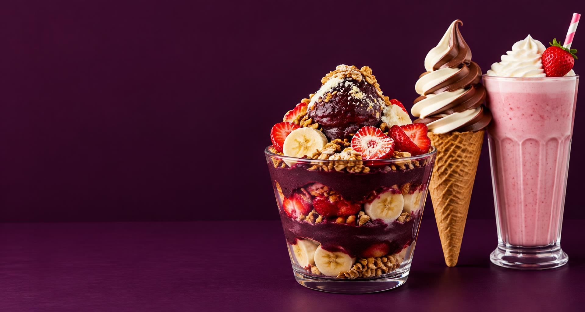 Açaí com frutas e granola, sorvete misto e milk-shake de morango